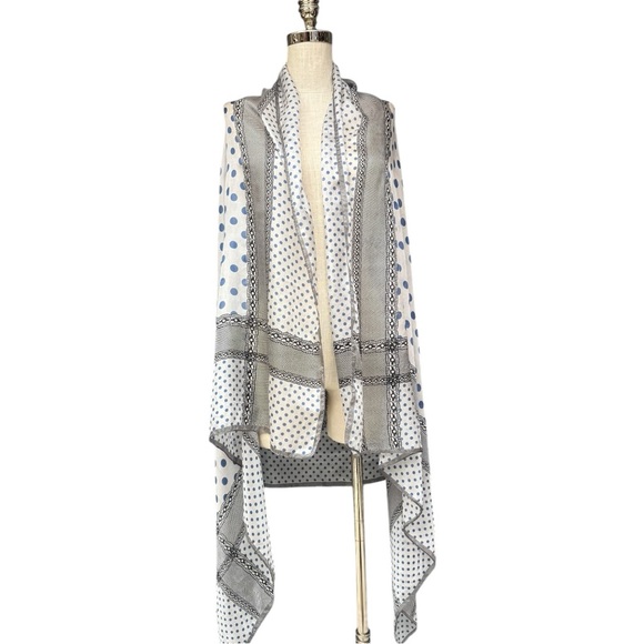 Vintage Sheer Blue Polka Dot Scarf Black Lace Border 70x42 Oversized Wrap - Picture 5 of 13